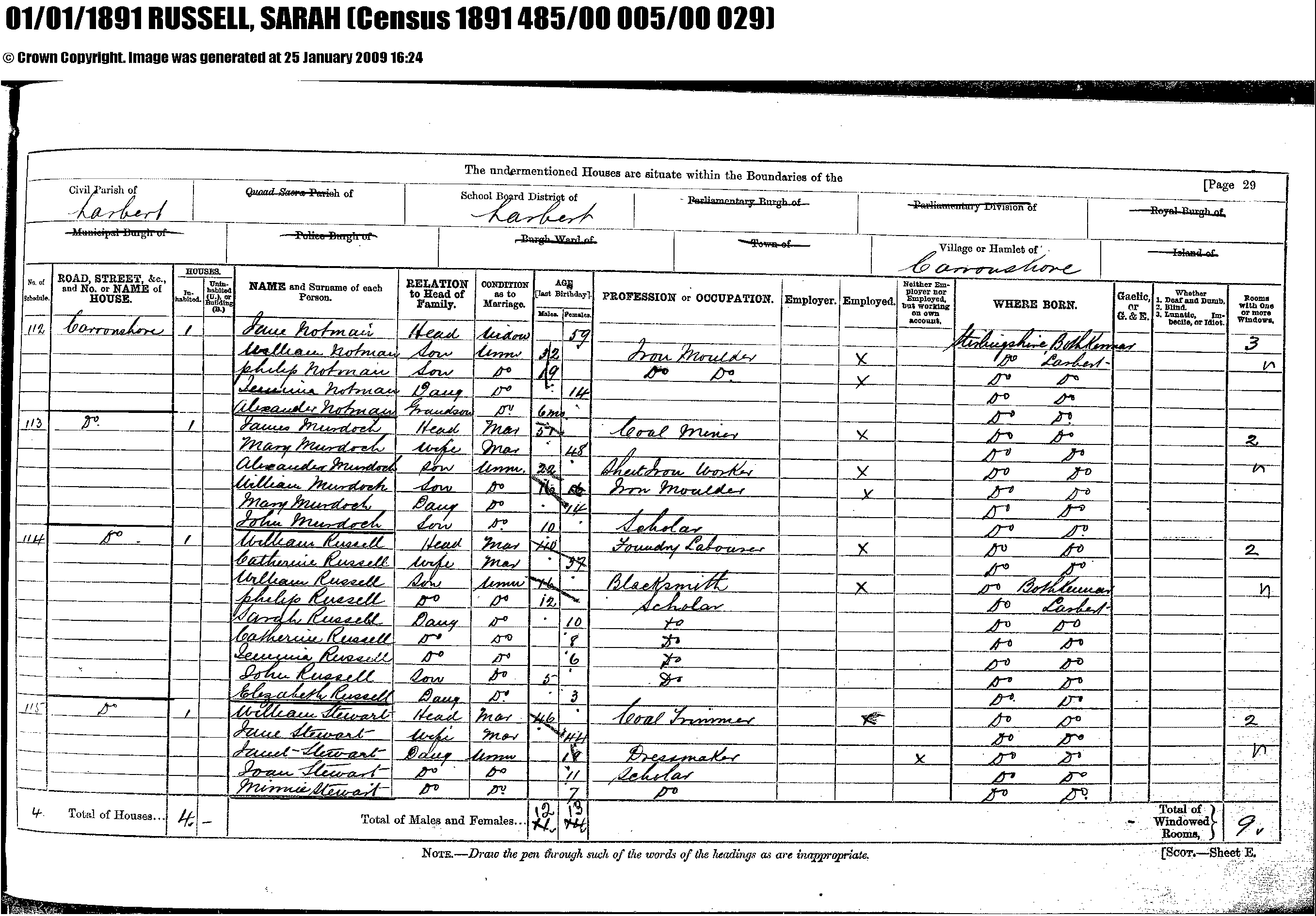 Census 1891 NOTMAN & RUSSELL Families, April 5, 1891, Linked To: <a href='i932.html' >Catherine Bain Watson</a>